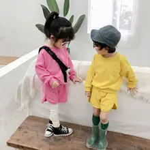 Весна, Детские хлопковые однотонные спортивные костюмы пуловер с длинными рукавами для мальчиков и девочек+ шорты комплекты из 2 предметов одежда для детей