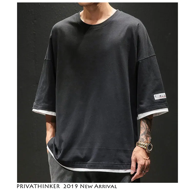 

Privathinker Men Japan Style Fake Two Pieces Tshirts Streetwear 2019 Men Hip Hop O-Neck T-shirt Casual Male Solid Summer Tshirt