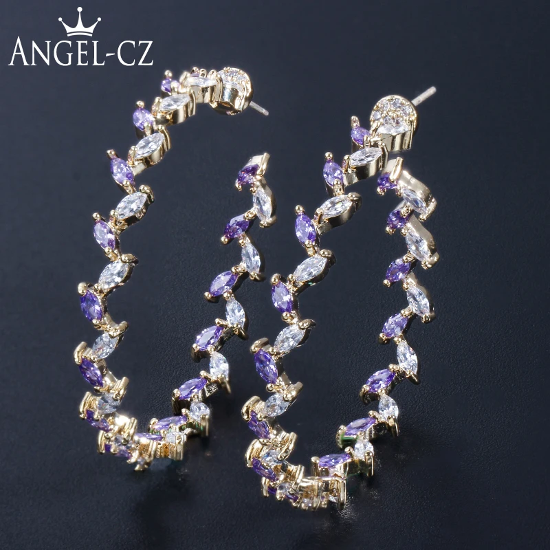 

Angelcz Sexy Oversize Circles Round Golden Hoop Earring Pave Leaf Purple Crystal White CZ Fashion 925 Silver Pins Jewelry AE227