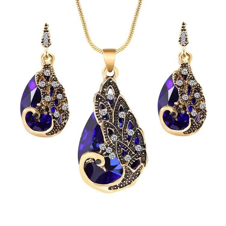 

Hesiod New Vintage Women Elegant Peacock Waterdrop Rhinestone Pendant Necklace Earrings Crystal Jewelry Set Wedding Jewlery