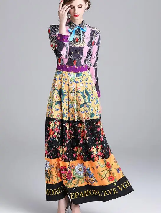 

High Quality Hot Sale Casual Western Style 2019 Spring New Arrival Turn-down Collar Flower Printed Woman Long Dress