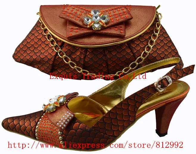 

wholesale italian design shoes with evening bag for African lady high quality Size 38-42,dark orange,NO.1308-21