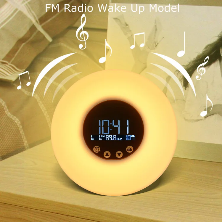 Восход Будильник цифровой светодиодный Будильник с 6 Цвет переключатель и FM радио для спальни-со звуковым сигналом Функция для тяжелых слиперы