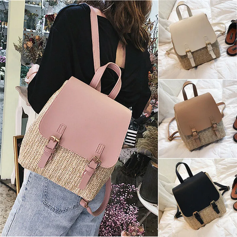 

NoEnName Women Backpack Travel Leather Straw Knit Handbag Small Rucksack Shoulder Bags Fashion US
