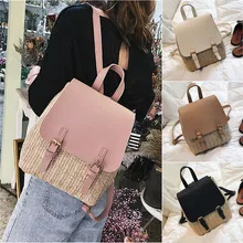 NoEnName Women Backpack Travel Leather Straw Knit Handbag Small Rucksack Shoulder Bags Fashion US