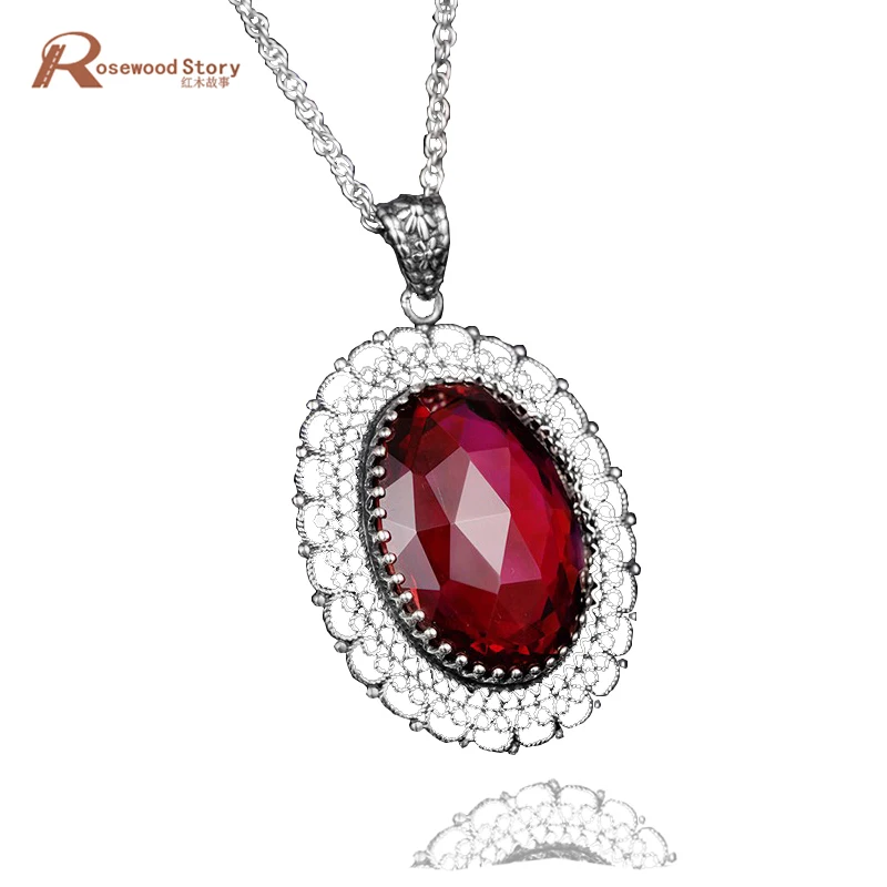 

New Arrival Women Pendant Necklaces Elegant red stone crystal antique pure 925 sterling silver pendant for women