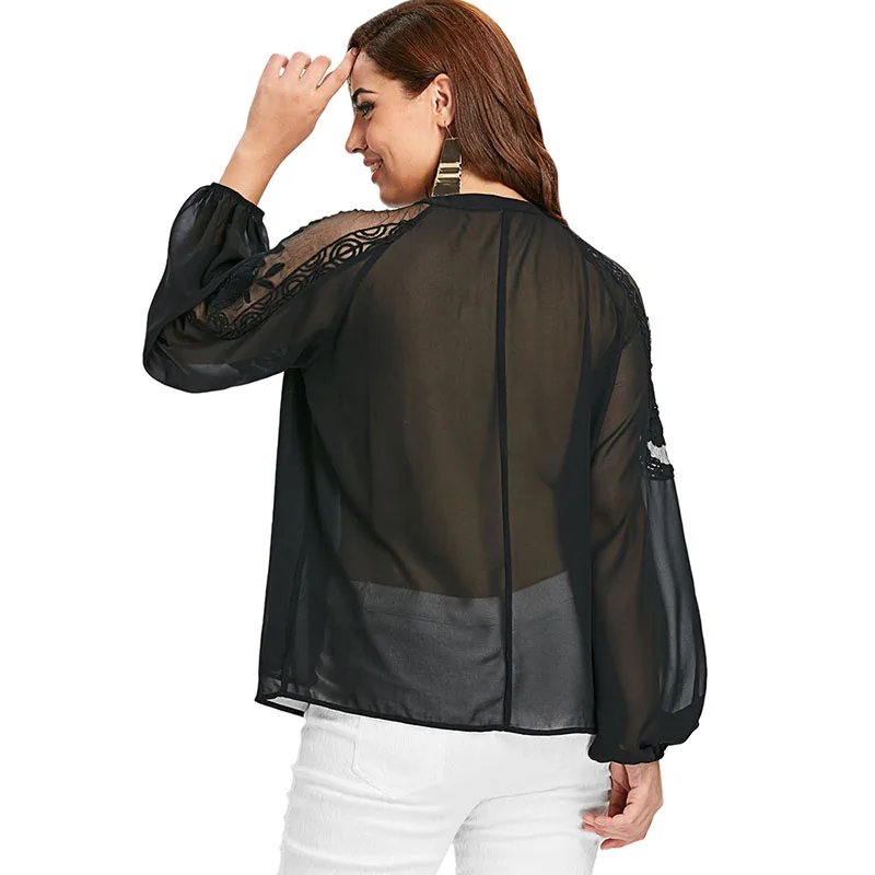 PlusMiss Plus Size 5XL-L Sexy Black Mesh Lace Blouse Women Clothing Big Size Lantern Sleeve Vintage Retro Boho Loose Tops 2018