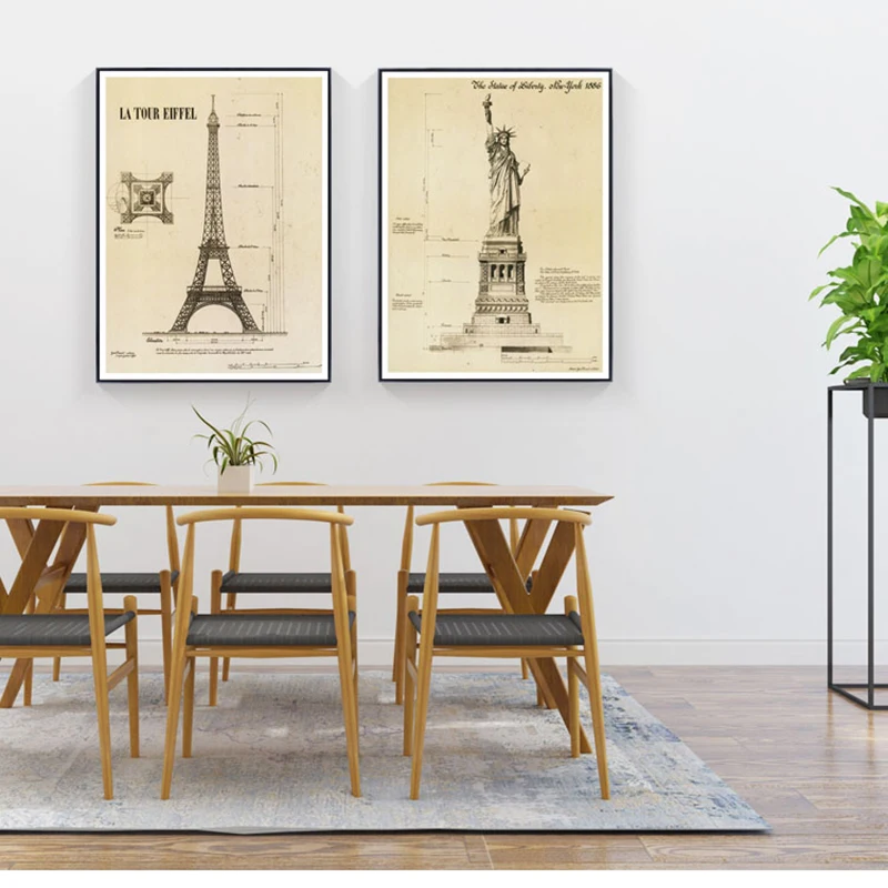 Здание рисунки Wall Art Эйфелева башня Статуя Свободы Художественная печать на