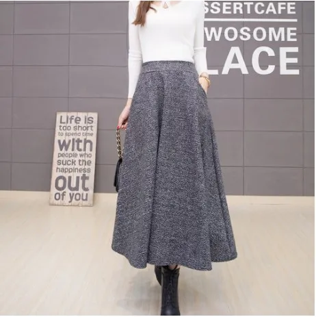 

Elegant High Waist Thick Wool Vintage Korean Women Skirts 2018 New Female Robe Office Wear Bandage Peated Long Skirts FW119