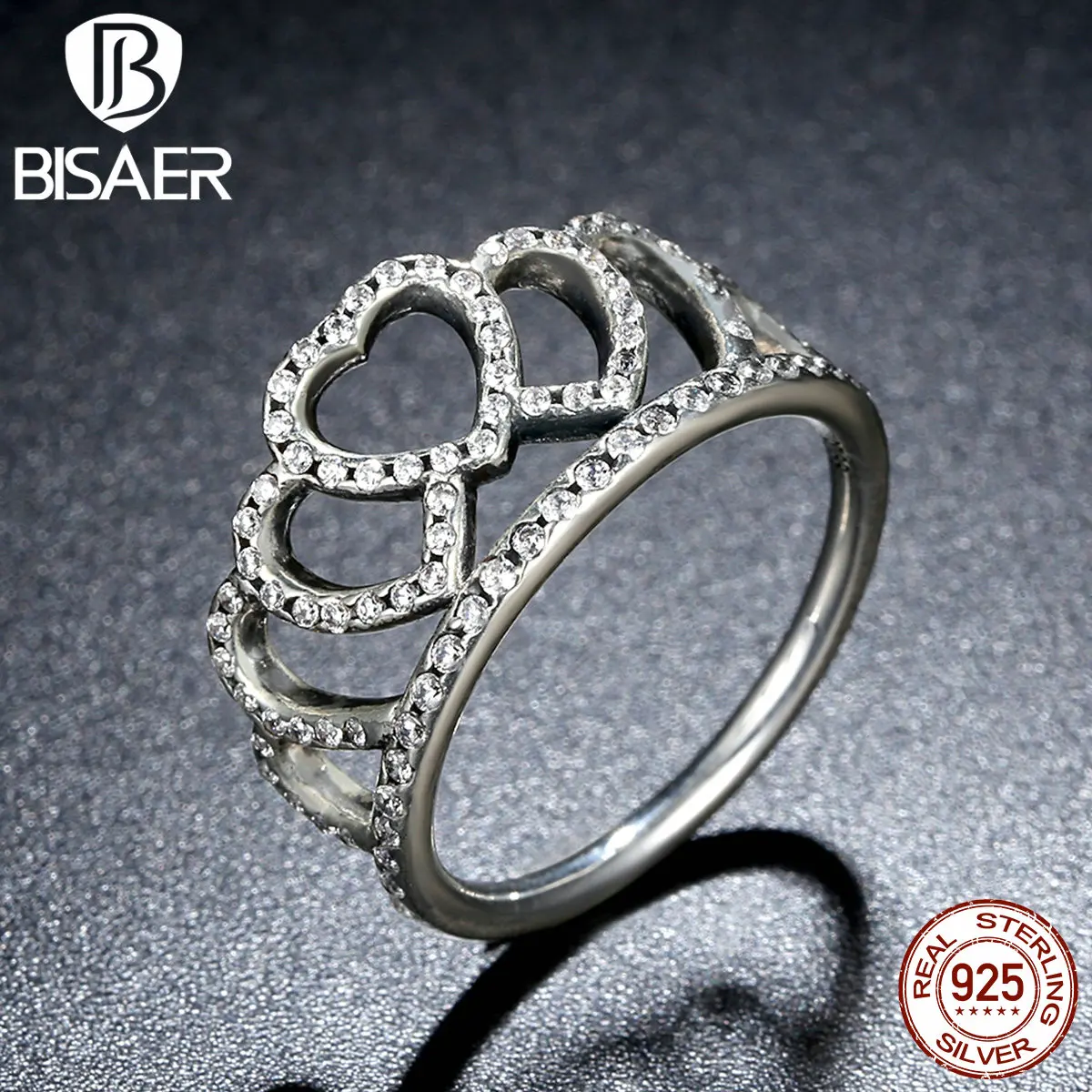 BISAER 100% 925 Sterling Silver Hearts Tiara Clear CZ Women Finger Ring ComAtible with Original Jewelry A7194 | Украшения и