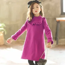 Рождественское зимнее платье для девочек-подростков с расклешенными рукавами; осенние толстовки; платья для маленьких девочек; коллекция года; фиолетовая плотная одежда для больших детей