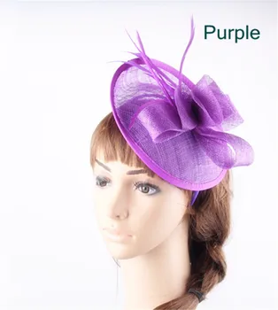 

17Colors fancy feather fascinators purple sinamay millinery hat wedding hair bands elegant women church fashion coktail headwear
