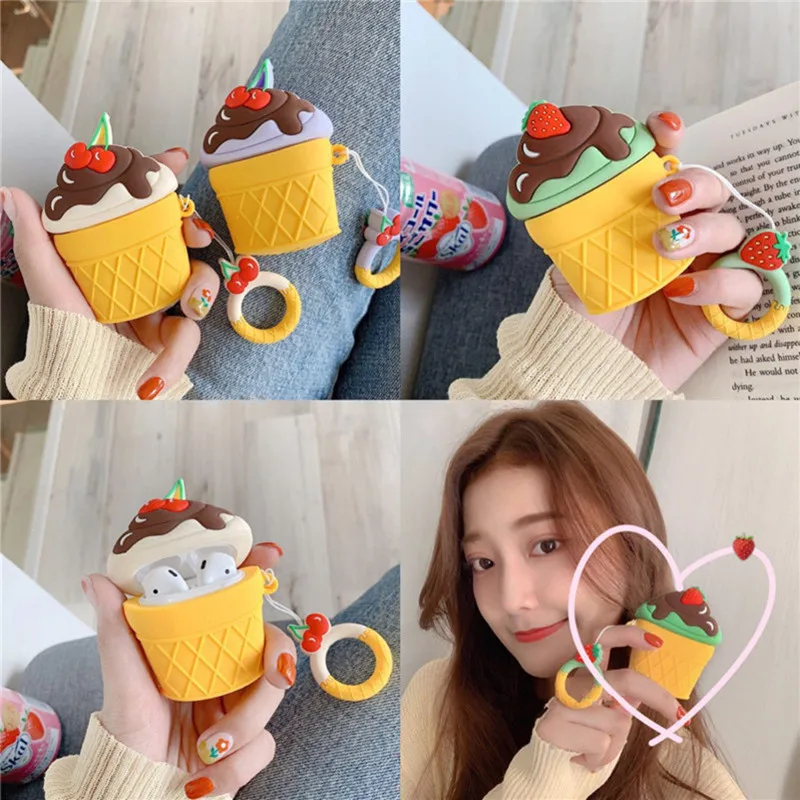 

3D Milk Strawberry Ice Cream For airpods case Bluetooth Wireless Headphone Case For airpods 1/2 Cute Soft case Charging Bag