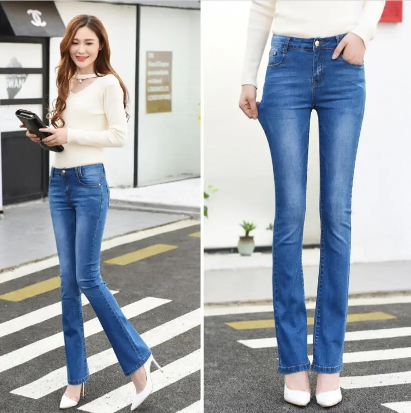 2018 Высокая талия джинсы Для женщин Повседневная клеш обтягивающие джинсы женские тонкие эластичные Flare Штаны Для женщин джинсы q192