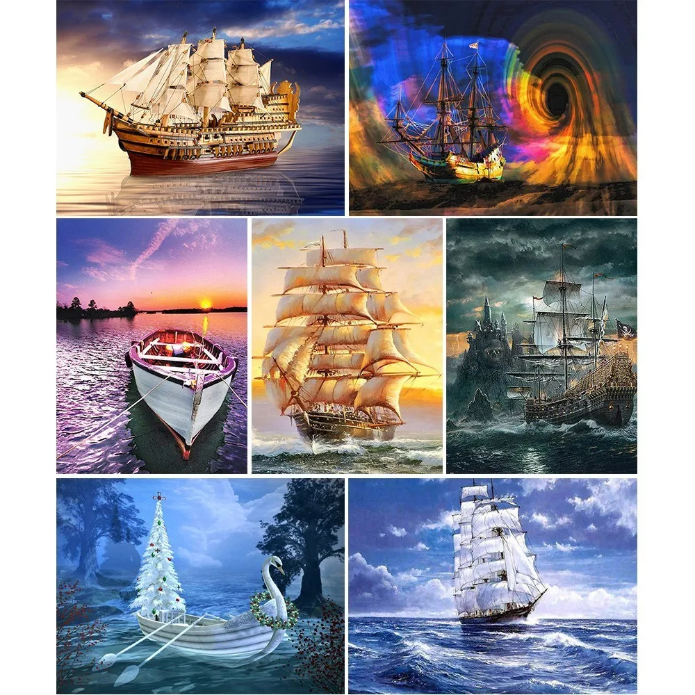 

HUACAN 5D DIY Diamond Painting Landscape Full Square Diamond Embroidery Sailboat Home Decoration Mosaic Picture Of Rhinestone