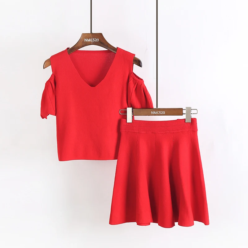 [Alphalmoda] 2017 Graciosa Malha Curto de mangas compridas Camisola das Mulheres A Linha de Saias Sólidos Verão 2 pcs Ternos 3 cores