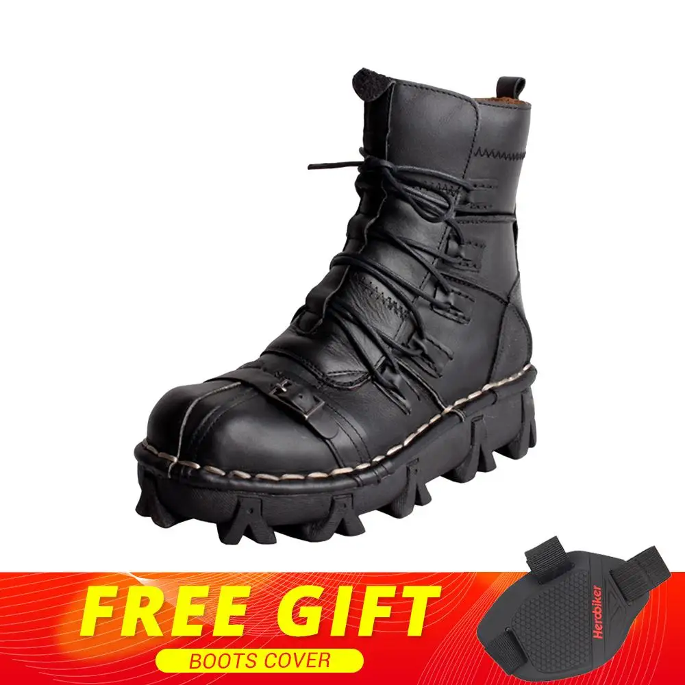

New Motorcycle Boots Men Retro Genuine Cow Leather Skull Punk Martin Shoes Motorbike Biker Moto Boots Protective Gear EU 38-49