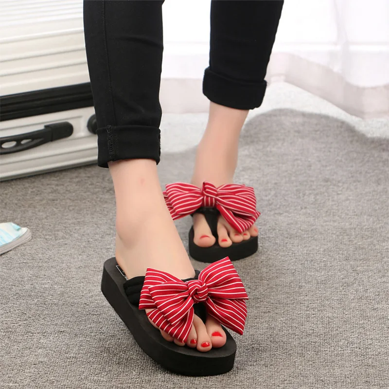 

Leisure Beach Women Slippers Fashion Mid Heel Beach Flip Flops Ladies Slippers Causal Butterfly-Knot Outdoor Indoor Women Shoes