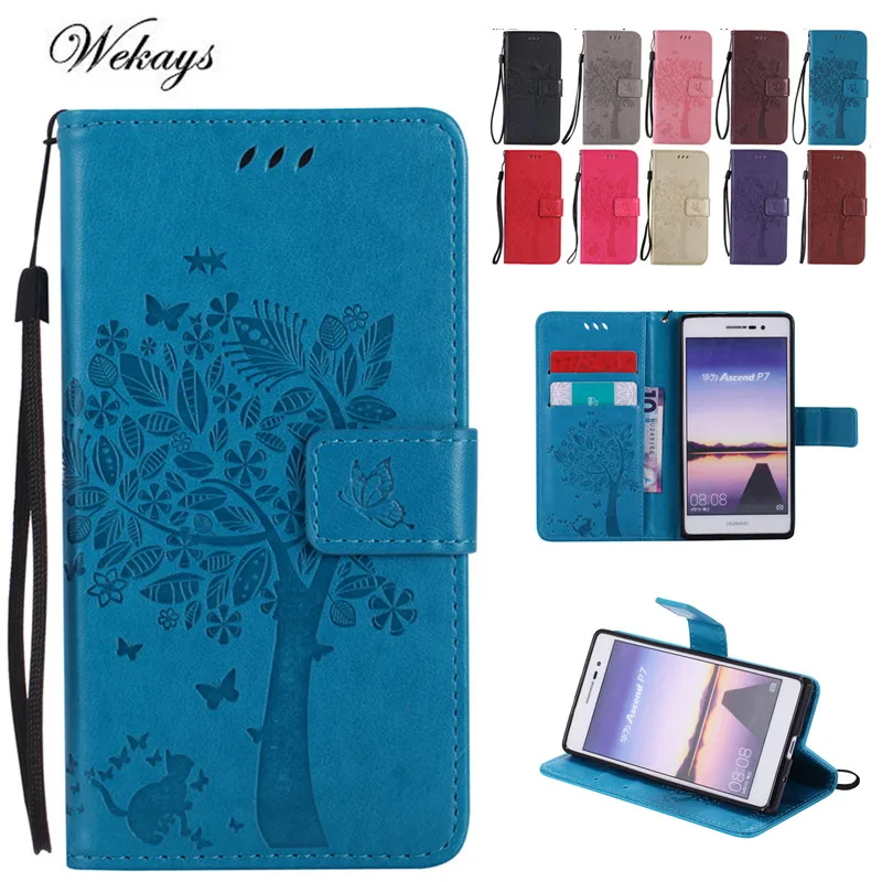 

Wekays Luxury Cute Cartoon Love Cat and Tree Wallet Flip Fundas Case For Huawei Ascend P7 / Honor 7i Case Back Cover Coque Capa