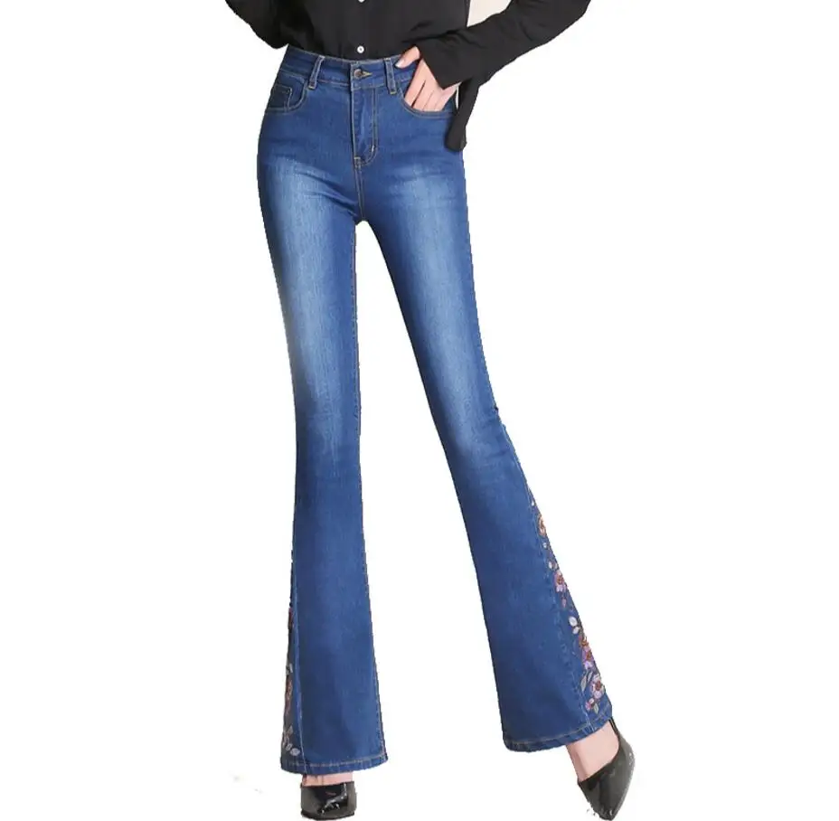 2018 новые осенние расклешенные джинсы Для женщин вышивка Высокая Талия клеш обтягивающие джинсы узкие джинсовые штаны брюки r275
