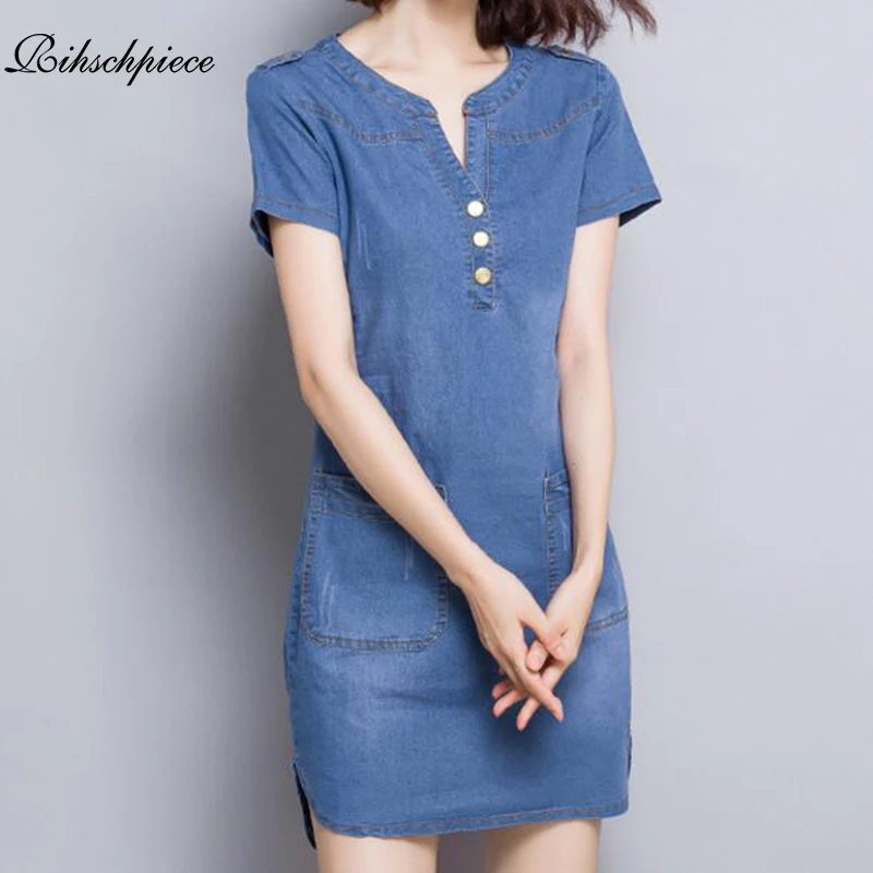 Rihschpiece 2018 Summer Denim Dress Women Vintage Party Sexy Jeans Dresses Short Sleeve Pocket Casual Dress RZF1255