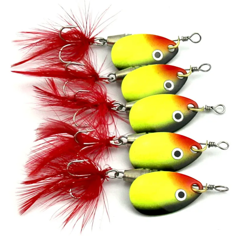 Attractive 5pcs 6g Lures Metal Spinner Spoon Fishing Lure Hard Baits Sequins Noise Paillette with Feather Treble Hook Tackle 