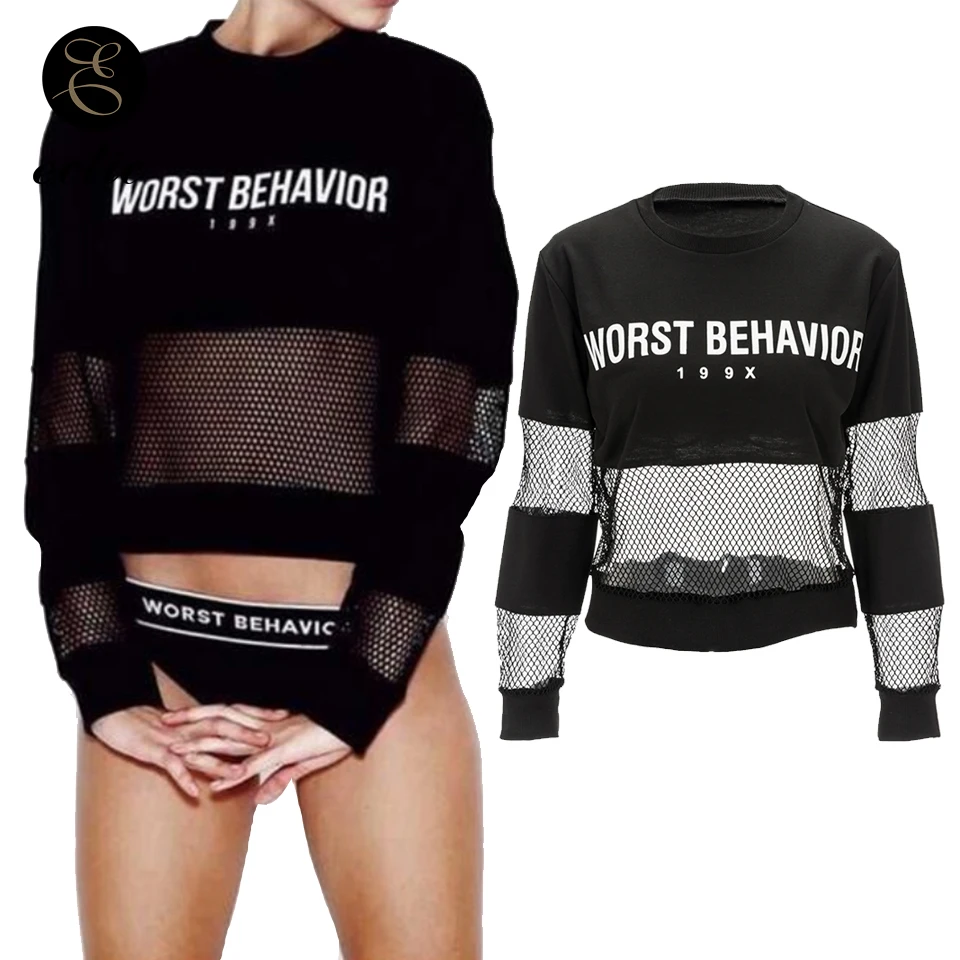 

Midnight Poleron Mujer 2019 Worst Behavior Stylish Hoodies Patchwork Slut Sexy Mesh Fishnet Hoodie Crop Top Sweatshirt Women