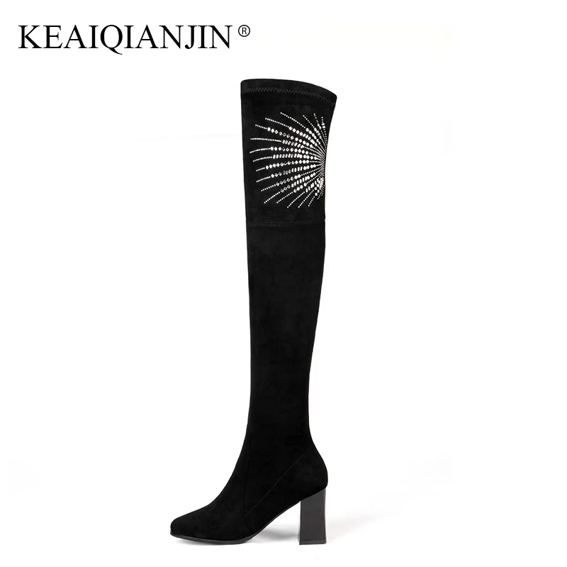 KEAIQIANJIN Genuine Leather Over The Knee Boots Woman Autumn Winter Pointed Toe Thigh High Boots Black Crystal High Heels Shoes цена KEAIQIANJIN Genuine Leather Over The Knee Boots Woman Autumn Winter Pointed Toe Thigh High Boots Black Crystal High Heels Shoes цены онлайн