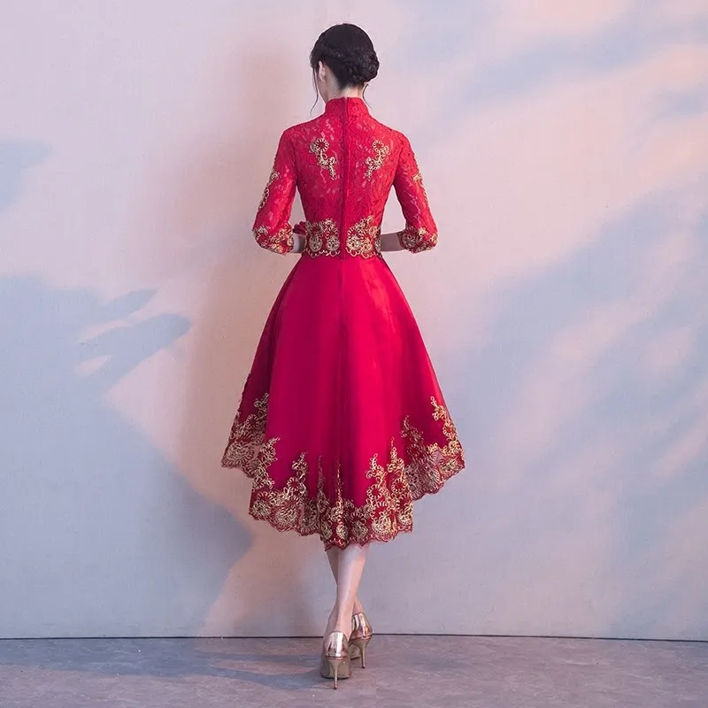 Бургундия китайское платье Qipao платья для вечеринок свадебное платье с разрезами по бокам и воротником-стойкой платье новое вечернее Oriental