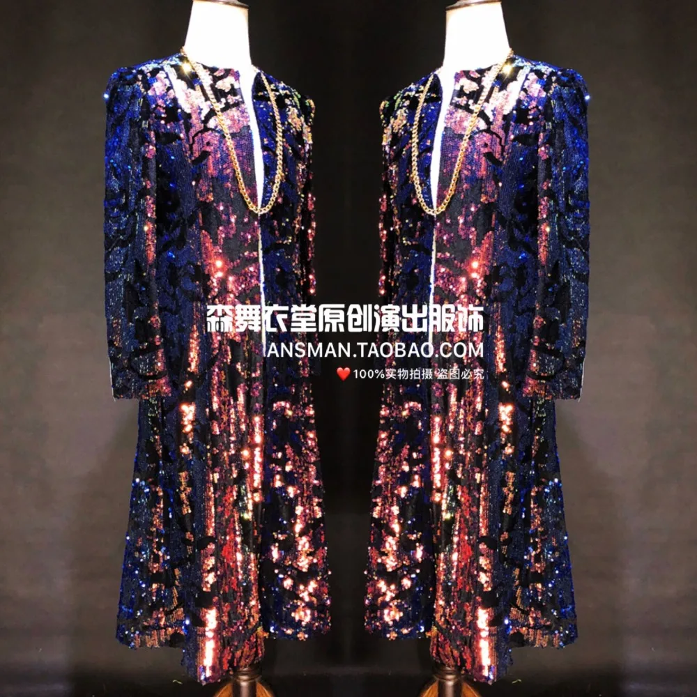

M-XXL 2019 new European and American stage tide male DJ magic color long umbrella type trench jacket singer costume