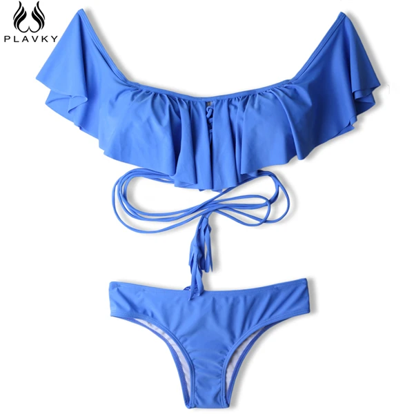 Сексуальный купальник с открытыми плечами, с оборками, бандо, стринги, бикини на бретельках, купальник, одежда для плавания, купальник, одежда для плавания, Женский Бразильский бикини - Цвет: blue bikini