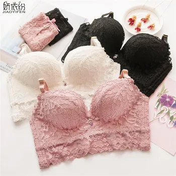 

JYF Hot Sale Sexy Women Underwear Set Full Cup Fine Embroidery Lace Bra Set Wire Free Gather Together Push Up Bra Brief Sets