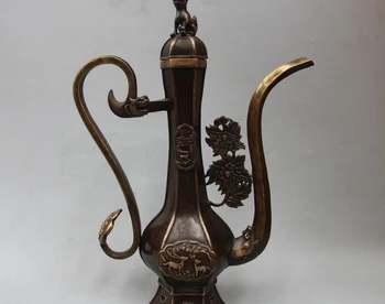 

19" Marked Chinese Bronze Deer Beast Lion Dragon handle Wine Tea Pot Flagon