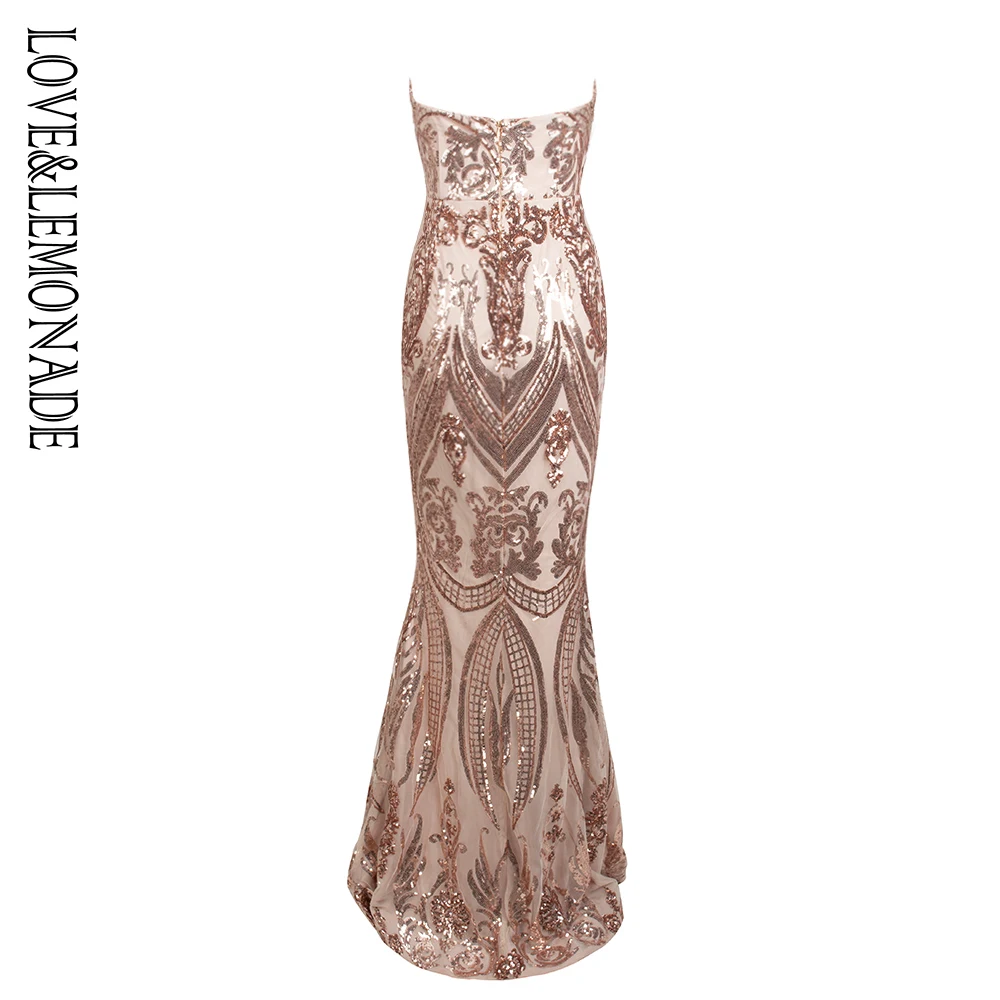 Love& Lemonade сексуальное платье без бретелек с вырезами и геометрическим узором, с блестками, облегающее платье макси, LM81342-2 розовое золото