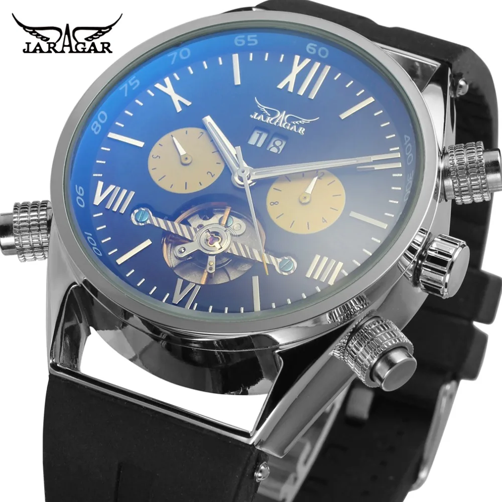 

JARGAR JAG448M3S3 men automatic watch silver color case black dial with two yellow color eyes black plastic band gift box