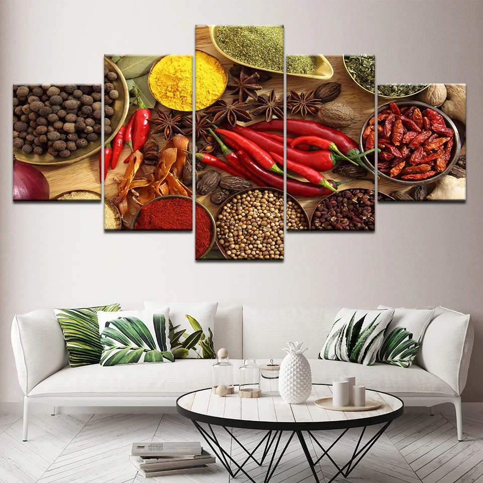 

Prints 5 Panel Spoon Grains Spices Peppers Canvas Painting Kitchen Modular Canvas Paintings Decor Unframed