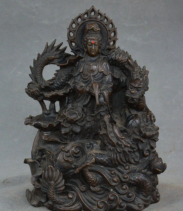 

China Buddhism Temple Copper Bronze Dragon Kwan-yin Guan Yin Boddhisattva Statue