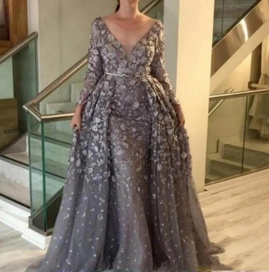 

Arabic Detachable Train Mermaid Evening Dresses Long Sleeves Elegant Gray Lace V-neck Flowers Dubai Prom Dress Formal Party Gown