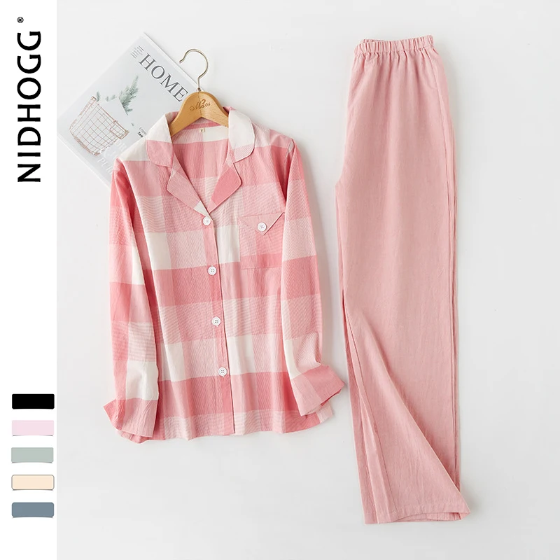

2019 Autumn Couple Plaid Colorblock Washed Cotton Lovers Sleepwear Long Sleeve Loungewear Women Pajama Set Home Pink Pajamas