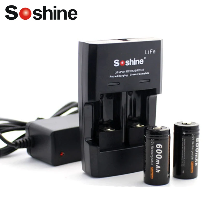 Soshine LiFePO4 RCR123 CR2 16340 быстрое зарядное устройство с 2 шт. батарея 600 мАч 3 в
