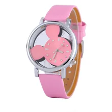 Optional Color Fashion Mickey Shape Women Watches 2017 Pretty Quartz Casual Hollow Dial Leather Wristwatches Women Dress Watch