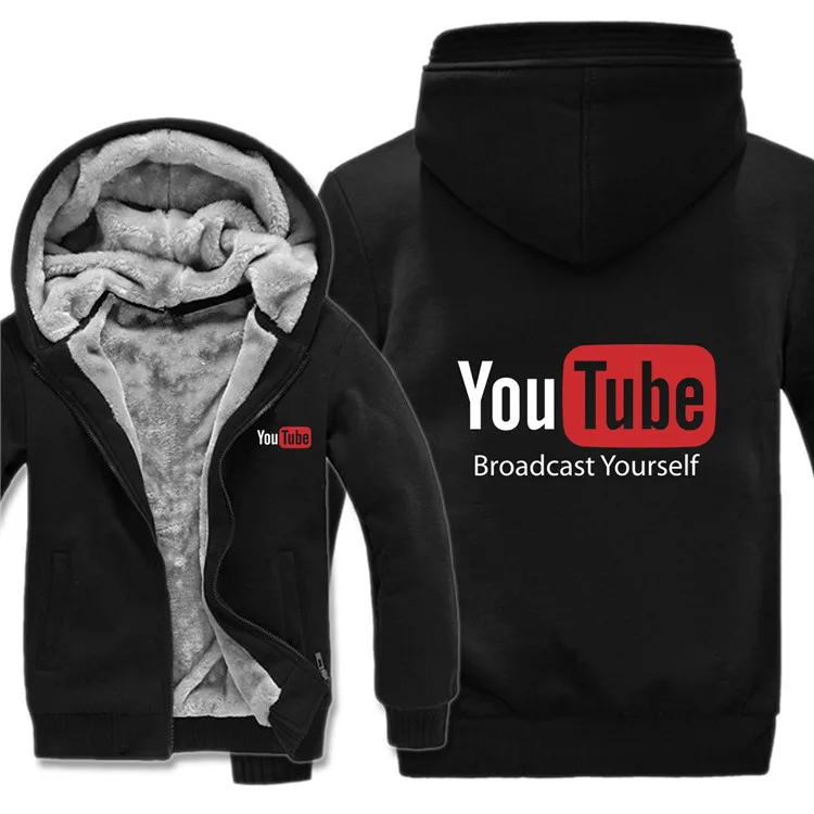 Толстовки с логотипом YouTube, Зимняя Мужская модная шерстяная куртка с подкладкой, утепленные толстовки с YouTube, Мужское пальто