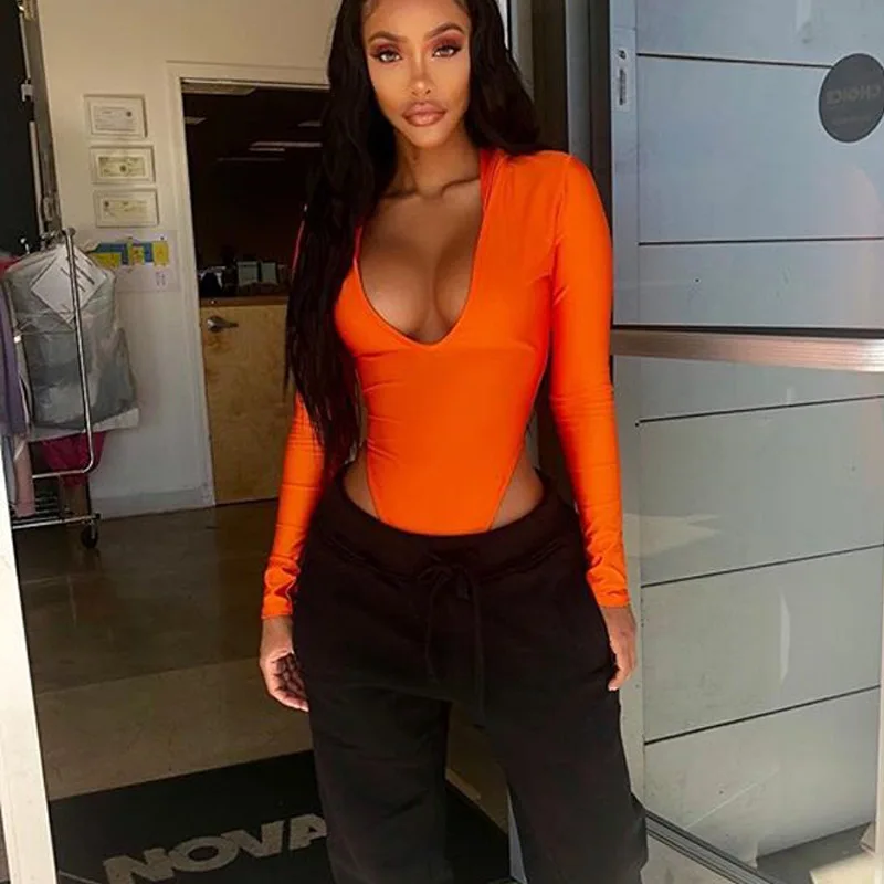 

BKLD Body Mujer 2019 Summer New Solid Coral Red Streetwear Club Party Hooded Long Sleeve Body suit Romper Women Jumpsuit