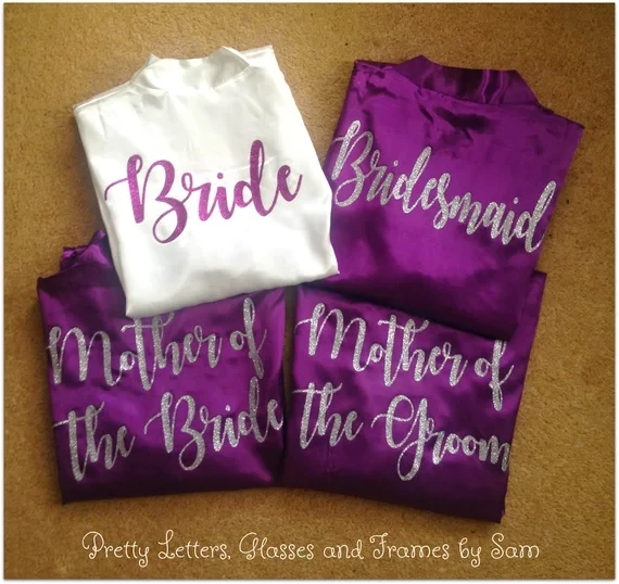 

personalize glitter wedding Bride Bridesmaid bridal satin pajamas robes Bachelor maid of honor kimonos gowns gifts party favors