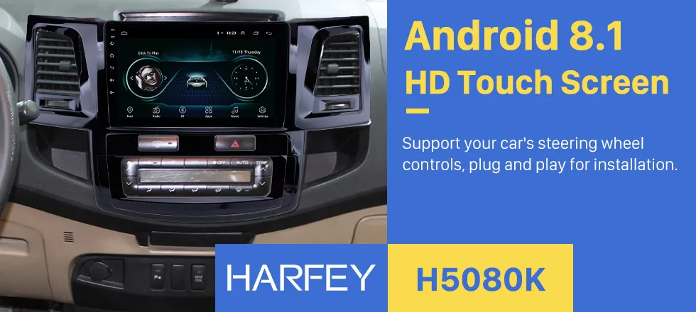 Harfey 9 "Радио Android 8,1 gps Navi головное устройство для Toyota Fortuner Hilux 2008-2014 с WI-FI FM Подходит для ответа на звонки и прослушивания музыки DVR SWC 3g OBD2