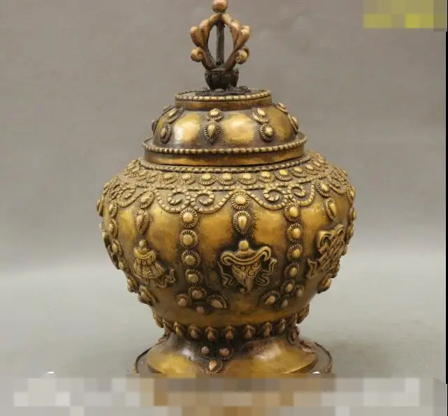

S02620 13" Tibet Budddhist Bronze 8 Auspicious Symbol Statue Censer Vase Tank Jar Pot