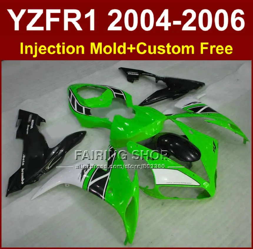 Custom paint Motorcycle Injection fairings kit for YAMAHA 2004 2005 2006 YZFR1 YZF1000 YZF R1 04 05 06 green white fairing parts