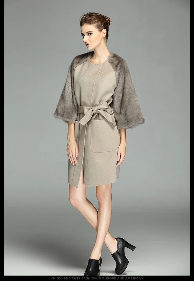 Брендовая модная женская куртка из овечьей шерсти длинная стильная с поясом элегантная женская Высококачественная Красивая норковая TU144-022 с рукавами