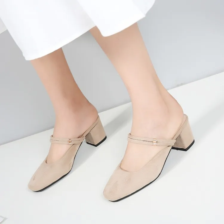 

Big Size 11 12 13 high heels sandals women shoes woman summer ladies Suede Square Head with Baotou Rough Heel Square heel