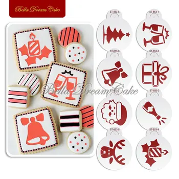 

8pcs/lots Christmas Gift Bells Deer Design Cookies Stencil Coffee template Stencils Fondant Cake Decorating Tools Bakeware
